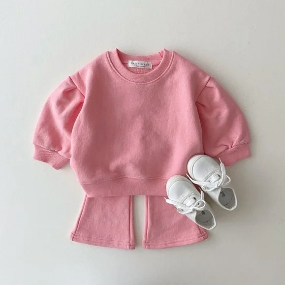 2pcs Baby Toddler Girl Solid Color Long Sleeve Sweatshirt and Flared Pants Set