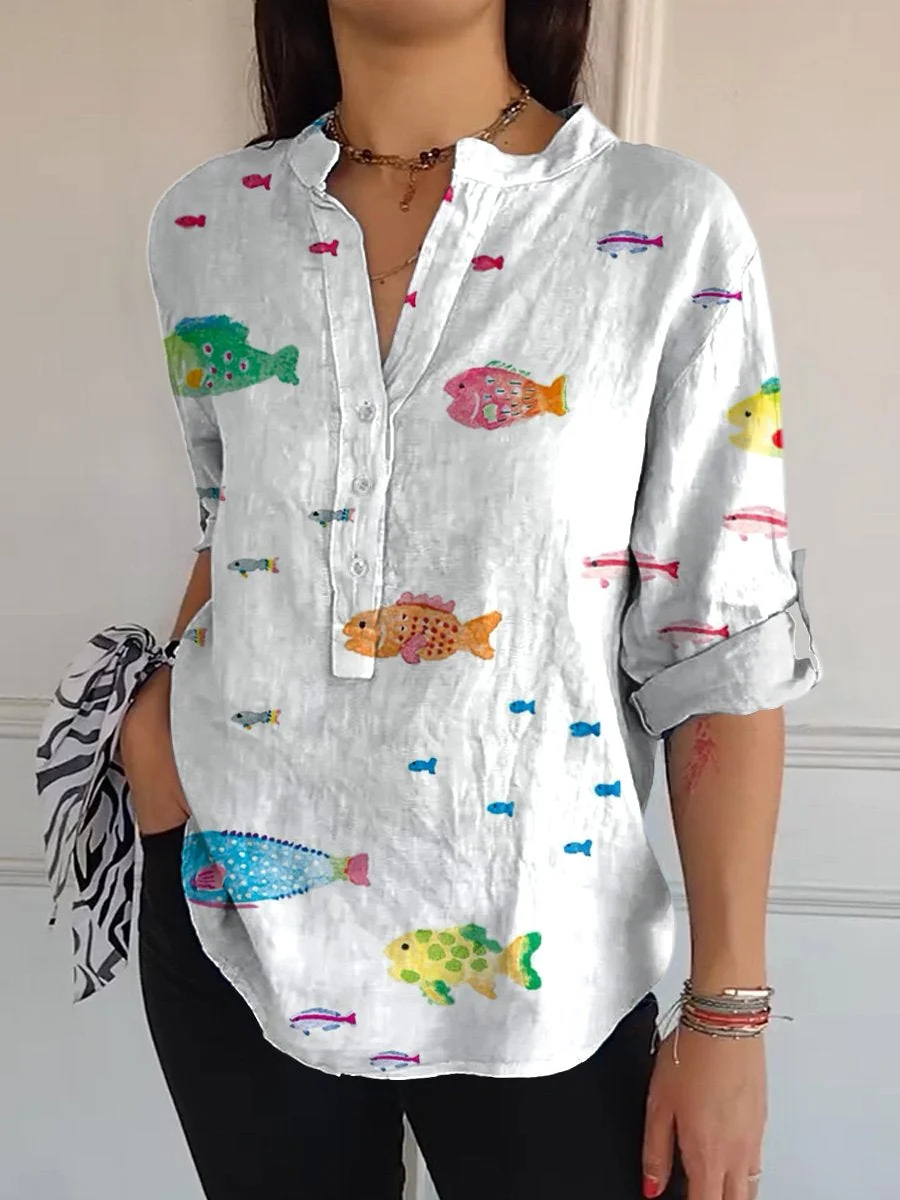 Watercolor Tropical Fish Art Printed Women's Casual Long Sleeve Comfortable Cotton Shirt