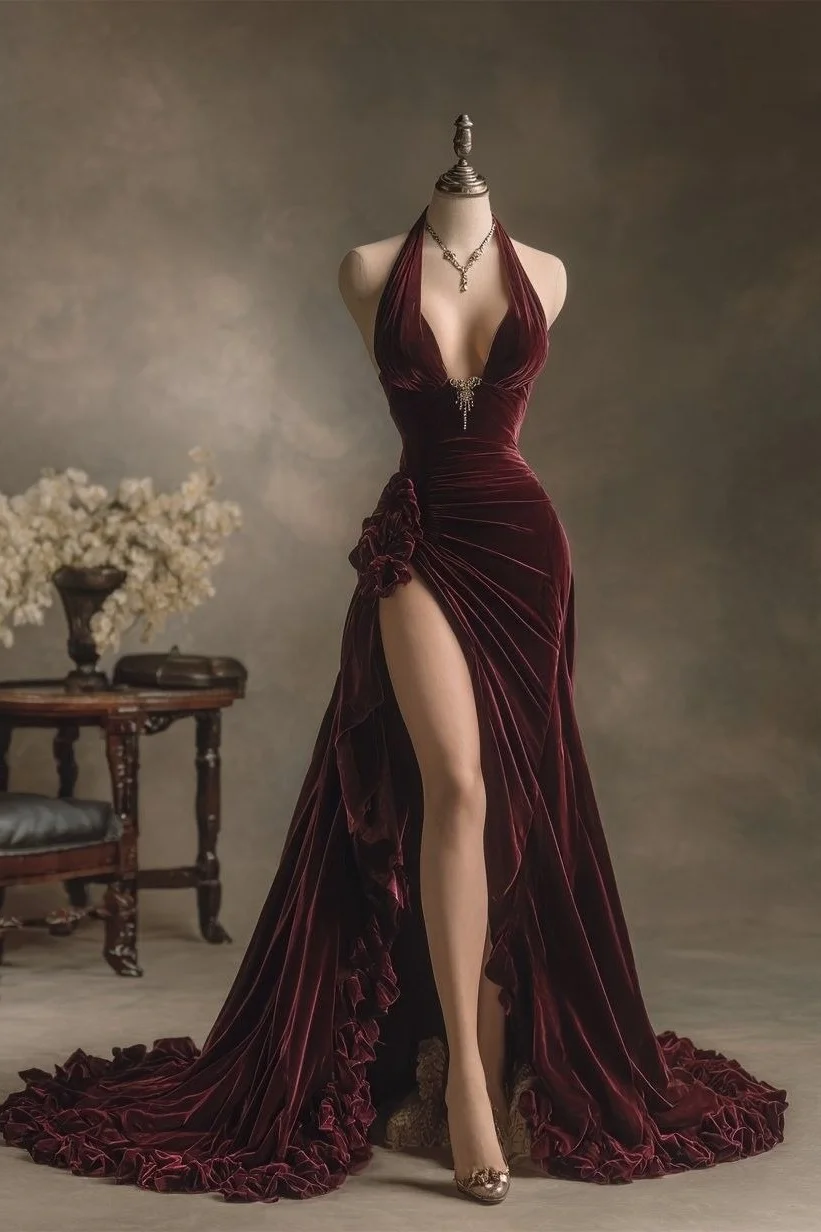 Lussooy Halter Burgundy Straps V-Neck Evening Dress Beading Ruffles With High Split