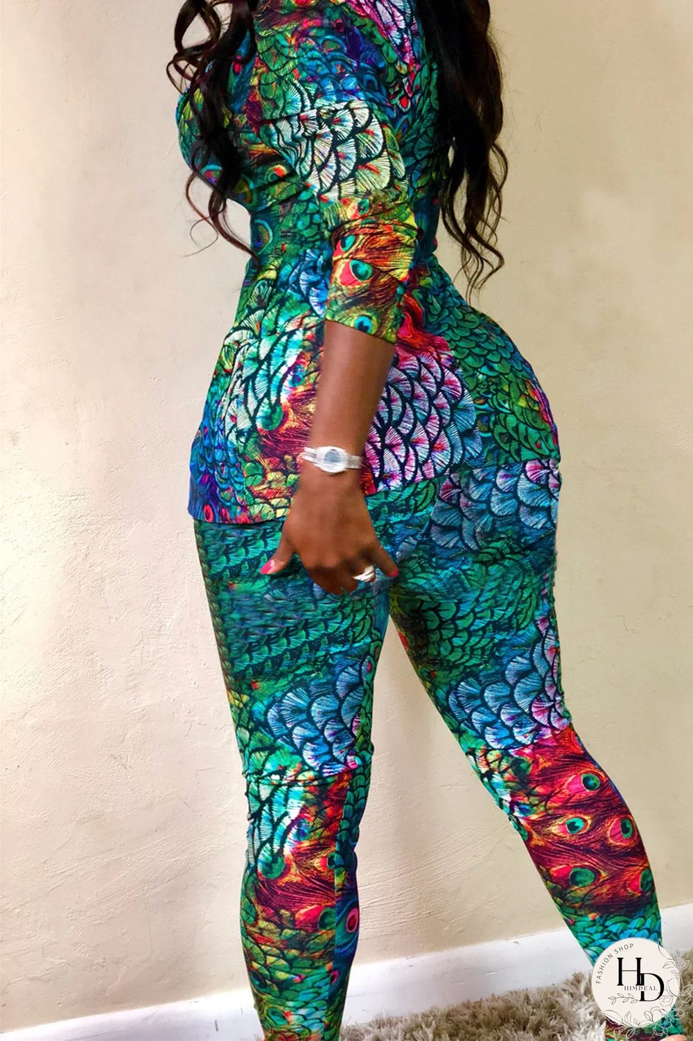 Turquoise Fashion Casual Print Cardigan Pants Turndown Collar Plus Size Two Pieces