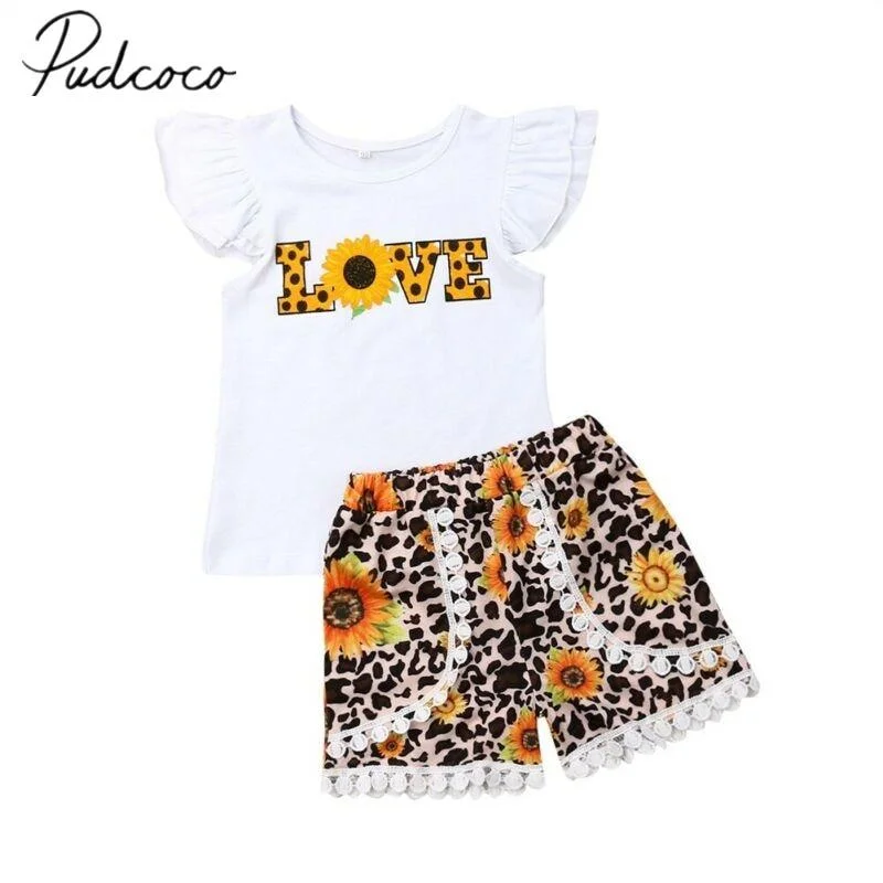 2019 Baby Summer Clothing Toddler Newborn Kid Baby Girl Clothes Love Letter T-shirt Tops Tassel Short Sunflower Outfits Set 1-6T