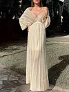 Plain Striped Pleated Batwing Sleeves Maxi Dresses