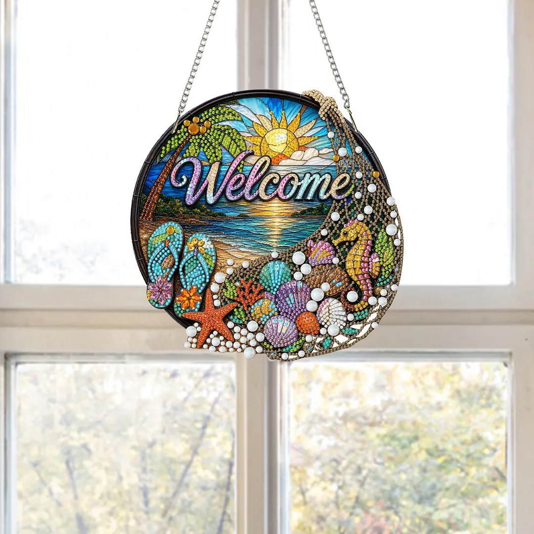 Beach Seahorse Welcome Sign 2D Flat DIY PET Diamond Painting Pendant Special Shape Hanging Gem Art Paintings Charm Single Side Drill for Adults Home Wall Window Decor