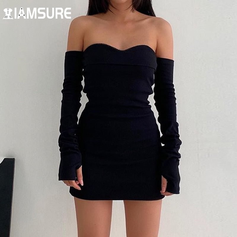 IAMSURE Party Clubwear Bodycon Dreess Elegant Fashion Sexy Slim Solid Slash Neck Off Shoulder Mini Tube Dreesses For Women 2021
