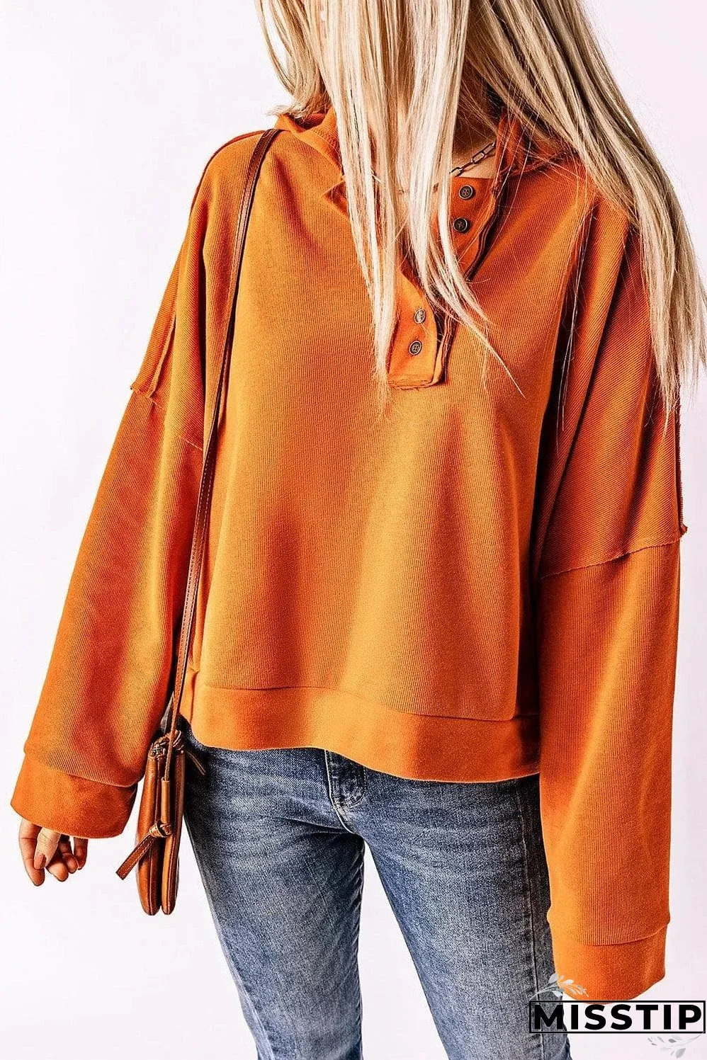 Orange Casual Button Solid Patchwork Trim Hoodie