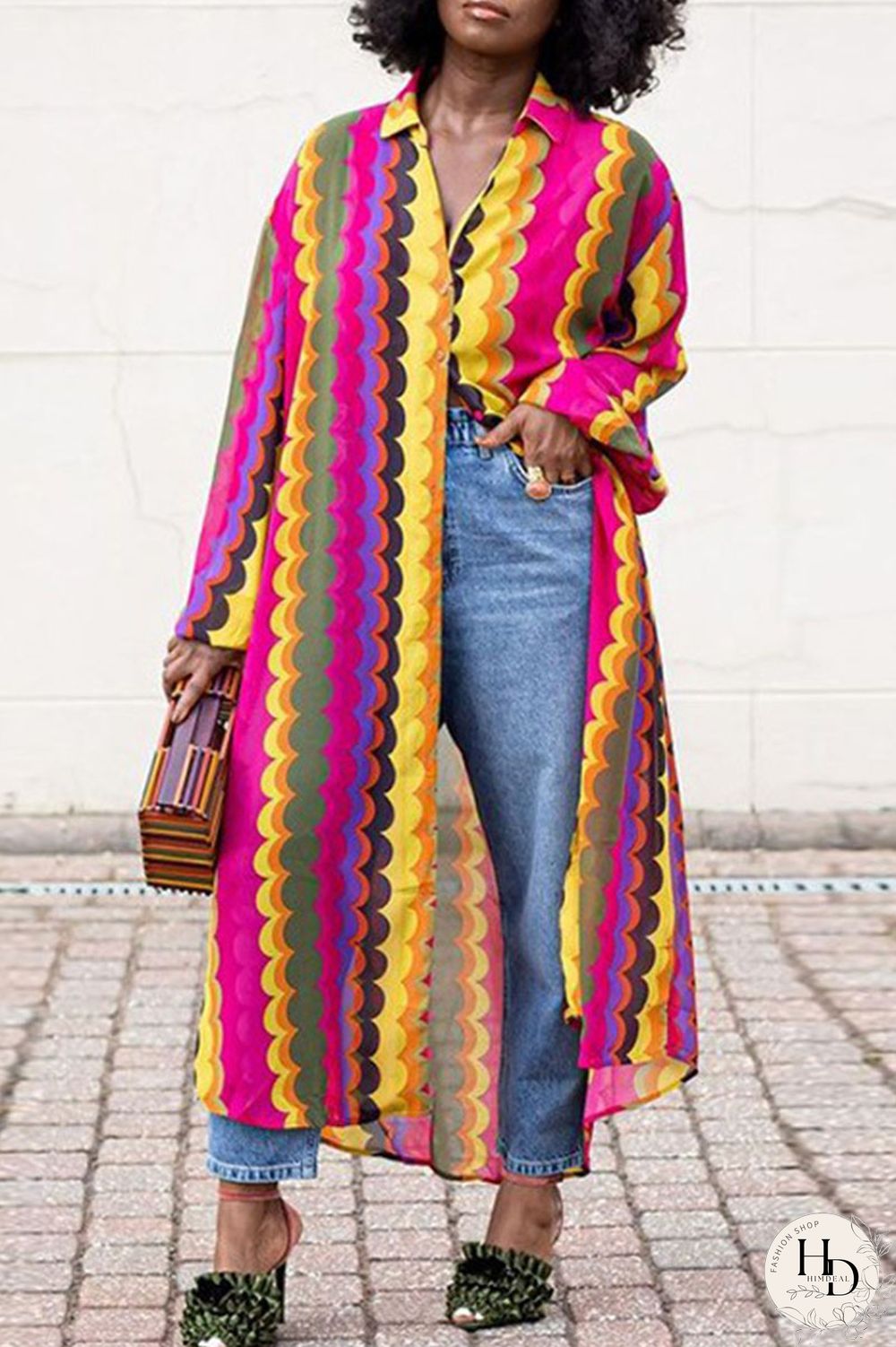 Stripe Casual Striped Print Split Joint Buckle Turndown Collar Outerwear