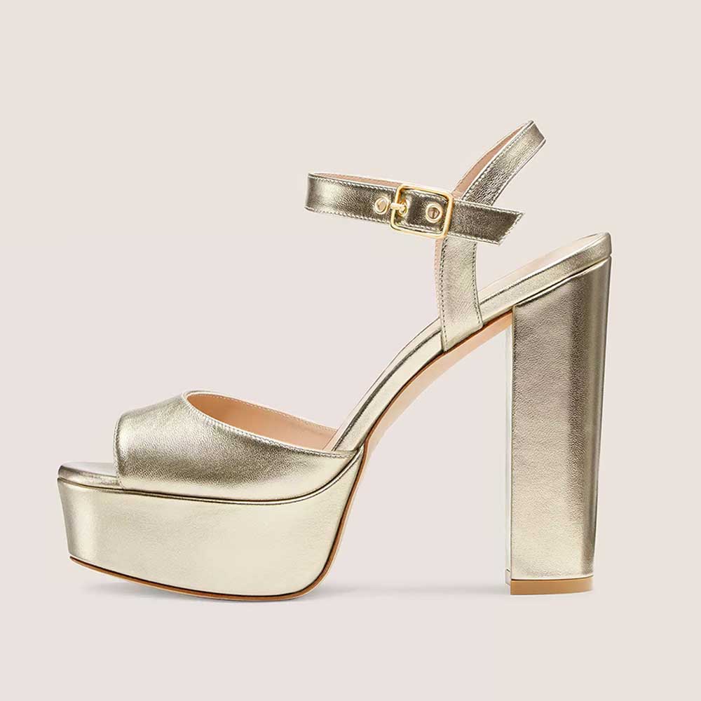 Gold Metallic Open Toe Chunky Heel Buckle Ankle Strap Platform Sandals Nicepairs