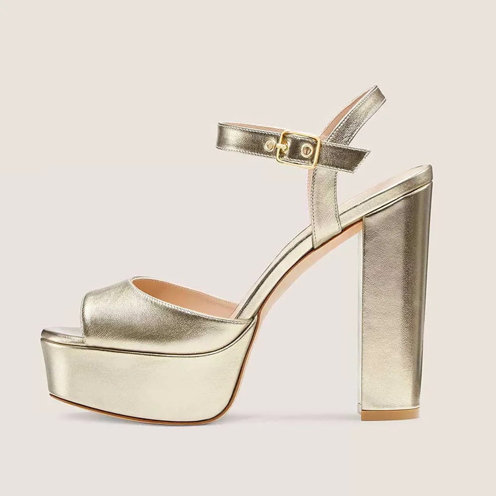 Gold Metallic Chunky Heels Round Toe Ankle Strap Platform Sandals Nicepairs
