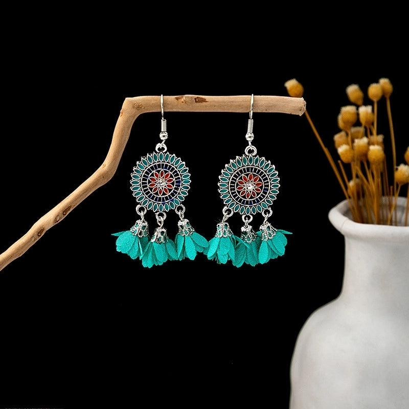 Bohemian Blue Turquoise National Style Earrings Imitation Miao Silver Metal Earrings Vintage Tassel Earrings