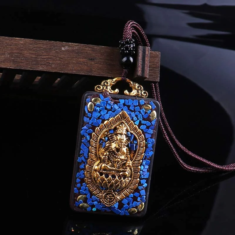 Ebony Wood Elephant Lotus Balance String Necklace Pendant