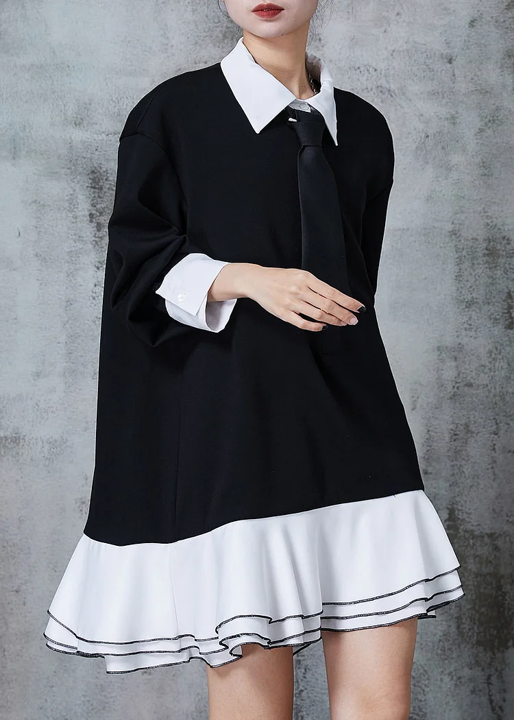 2024 Black - texture Peter Pan Collar Pockets Cotton Dress Long Sleeve