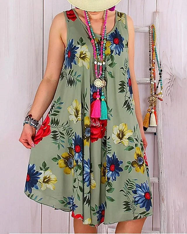 Women's A-Line Dress Knee Length Dress Sleeveless Floral Patchwork Print Summer Casual White Blue Green Light Blue S M L XL XXL 3XL 4XL 5XL