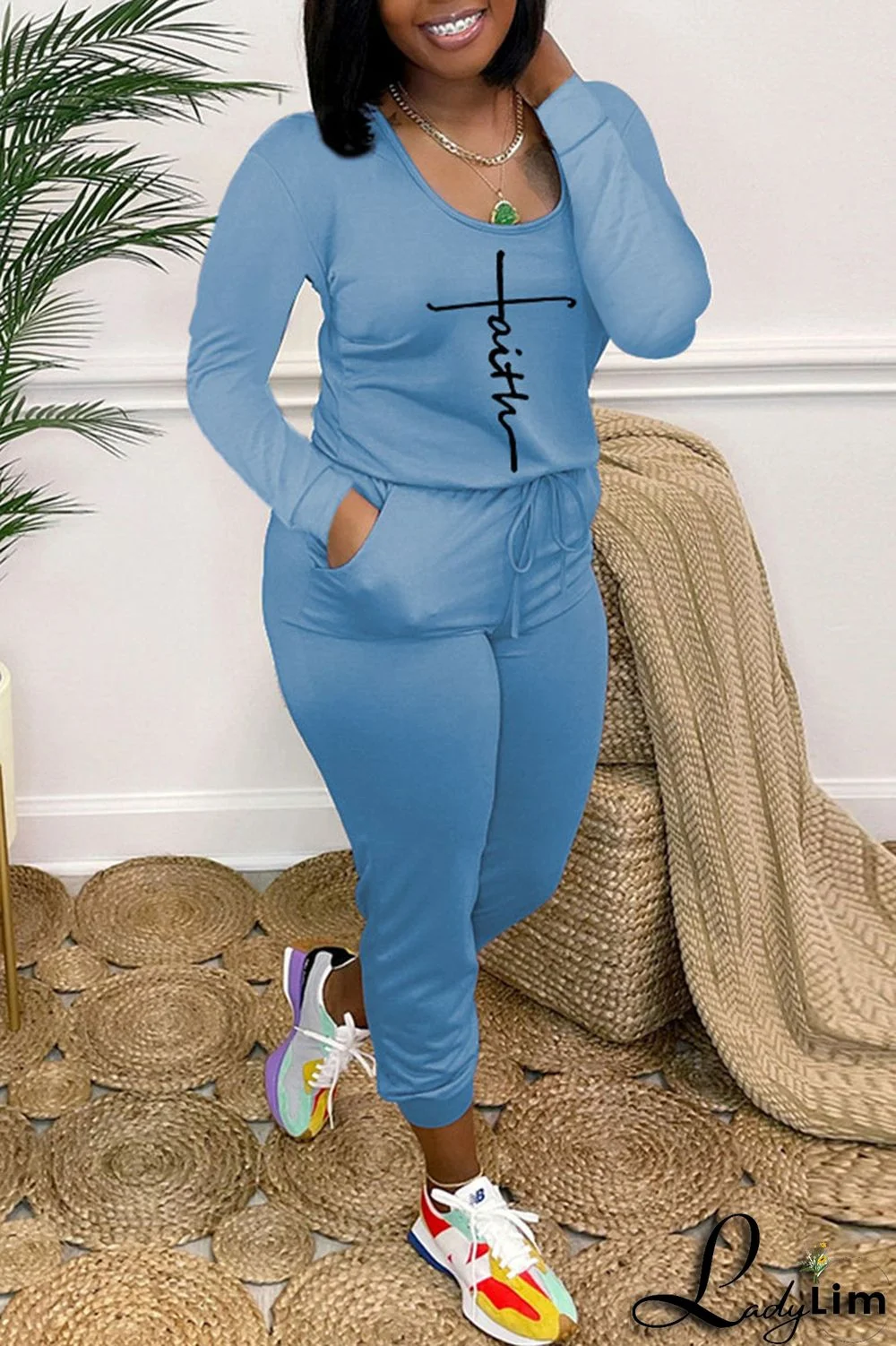 Light Blue Casual Print Bandage Patchwork O Neck Regular Jumpsuits