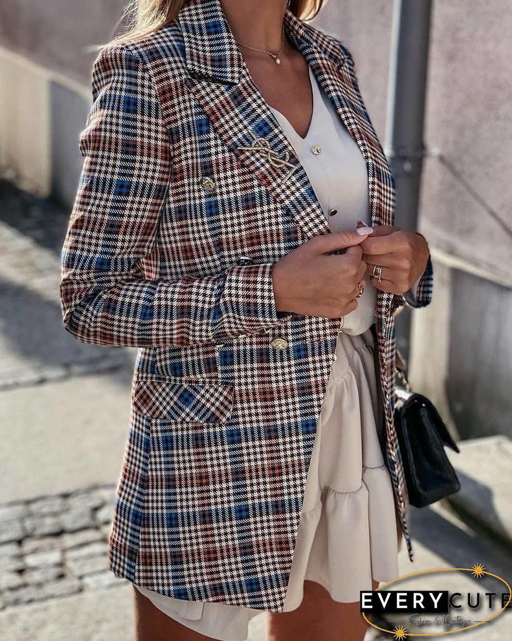 Plaid Lapel Collar Double Breasted Flap Detail Blazer