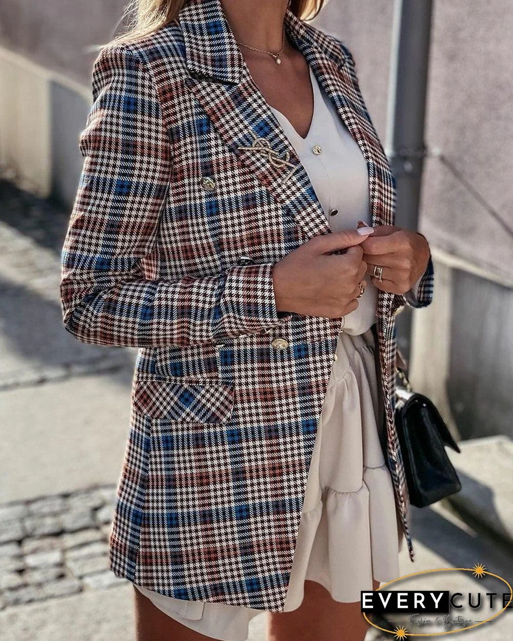 Plaid Lapel Collar Double Breasted Flap Detail Blazer