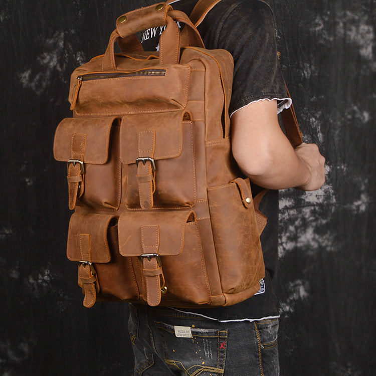 Model Show of Woosir Crazy Horse Genuine Leather Backpack Multi Pockets