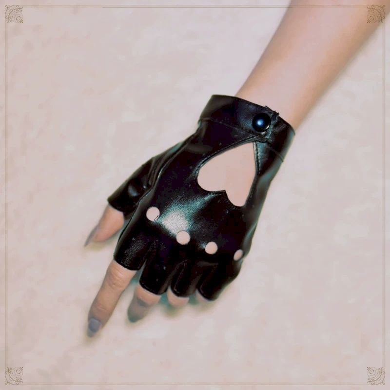 Goth Faux Leather Gloves Gothic Lolita Harajuku Dark Punk Girl Jk Riding Rock Hollow Leather Gloves Half Finger Unisex Adult