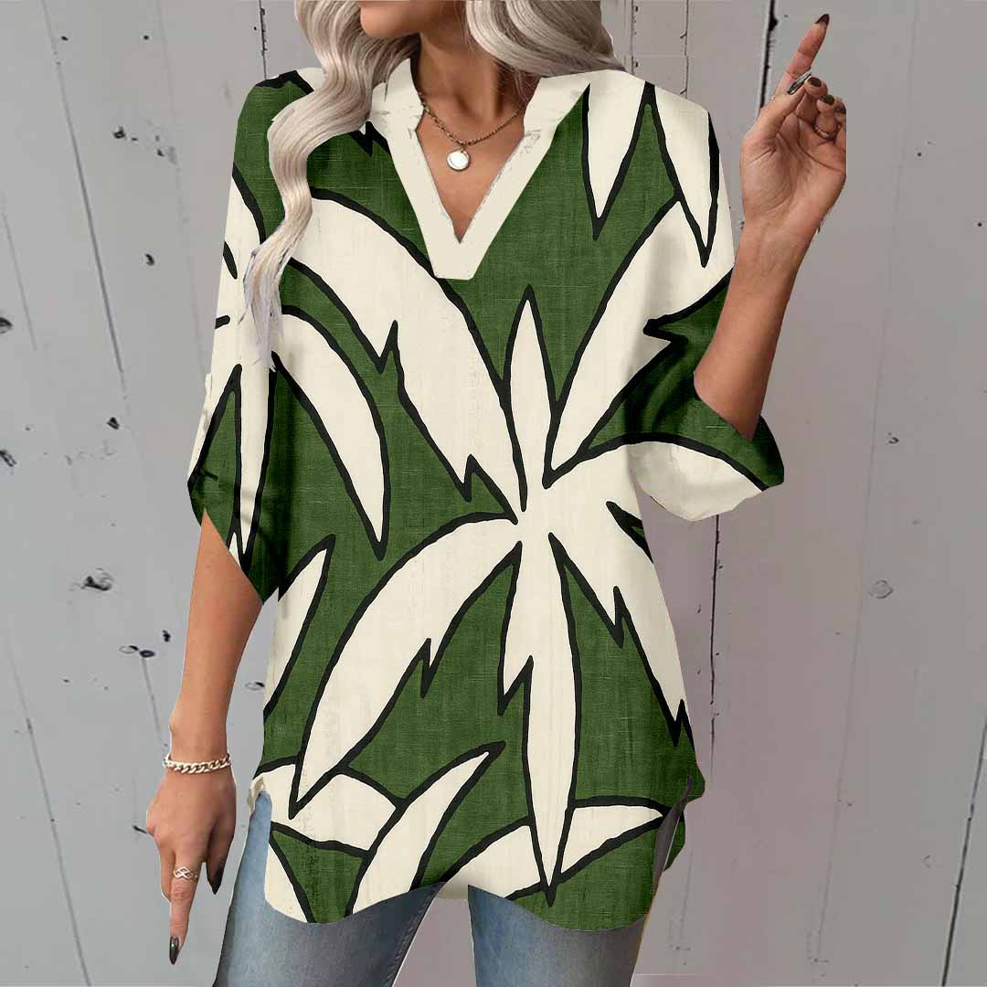 Women Tropical Green DZGA0277 3/4 Sleeve V-neck Printed Graphic Button Tops