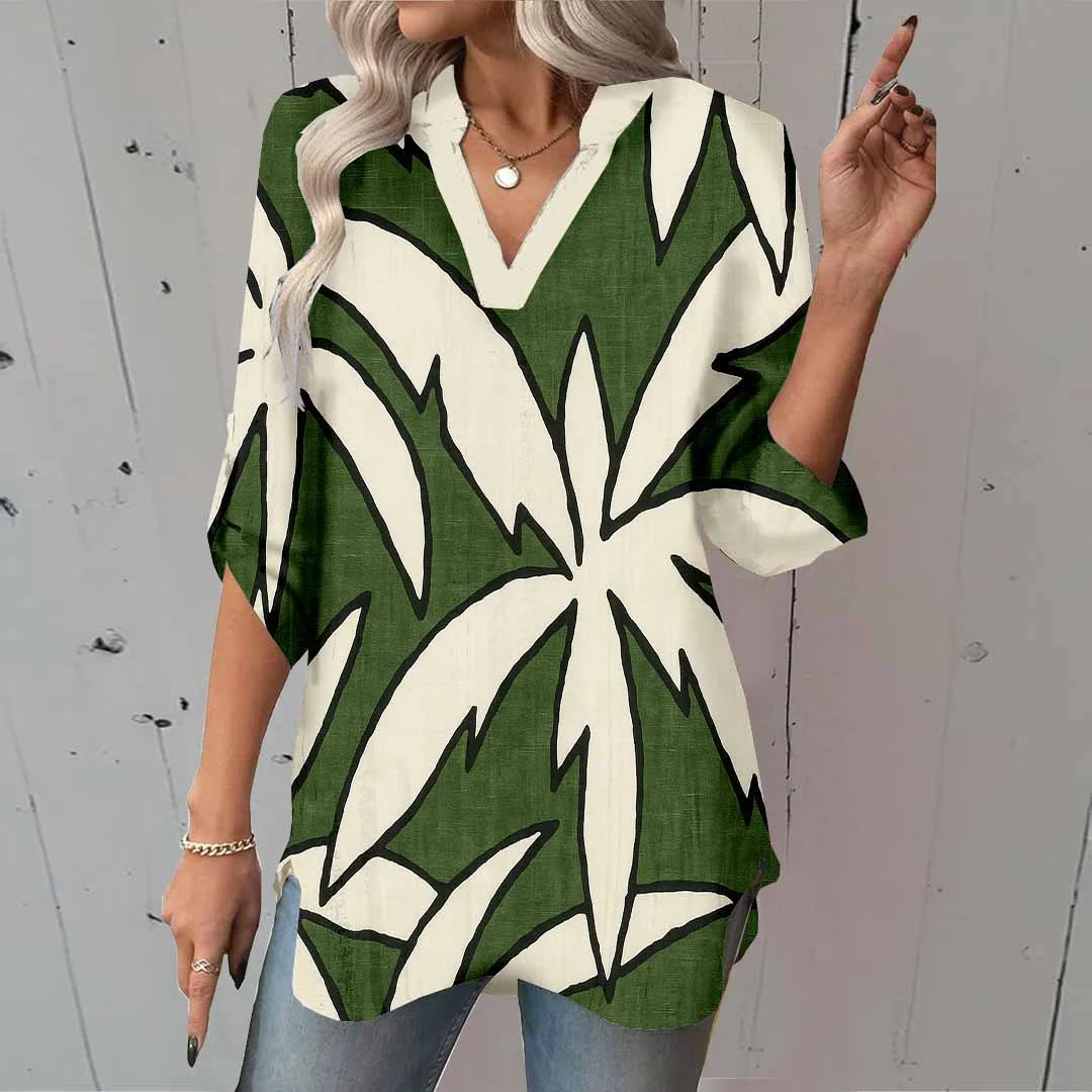 Women Tropical Green DZGA0277 3/4 Sleeve V-neck Printed Graphic Button Tops