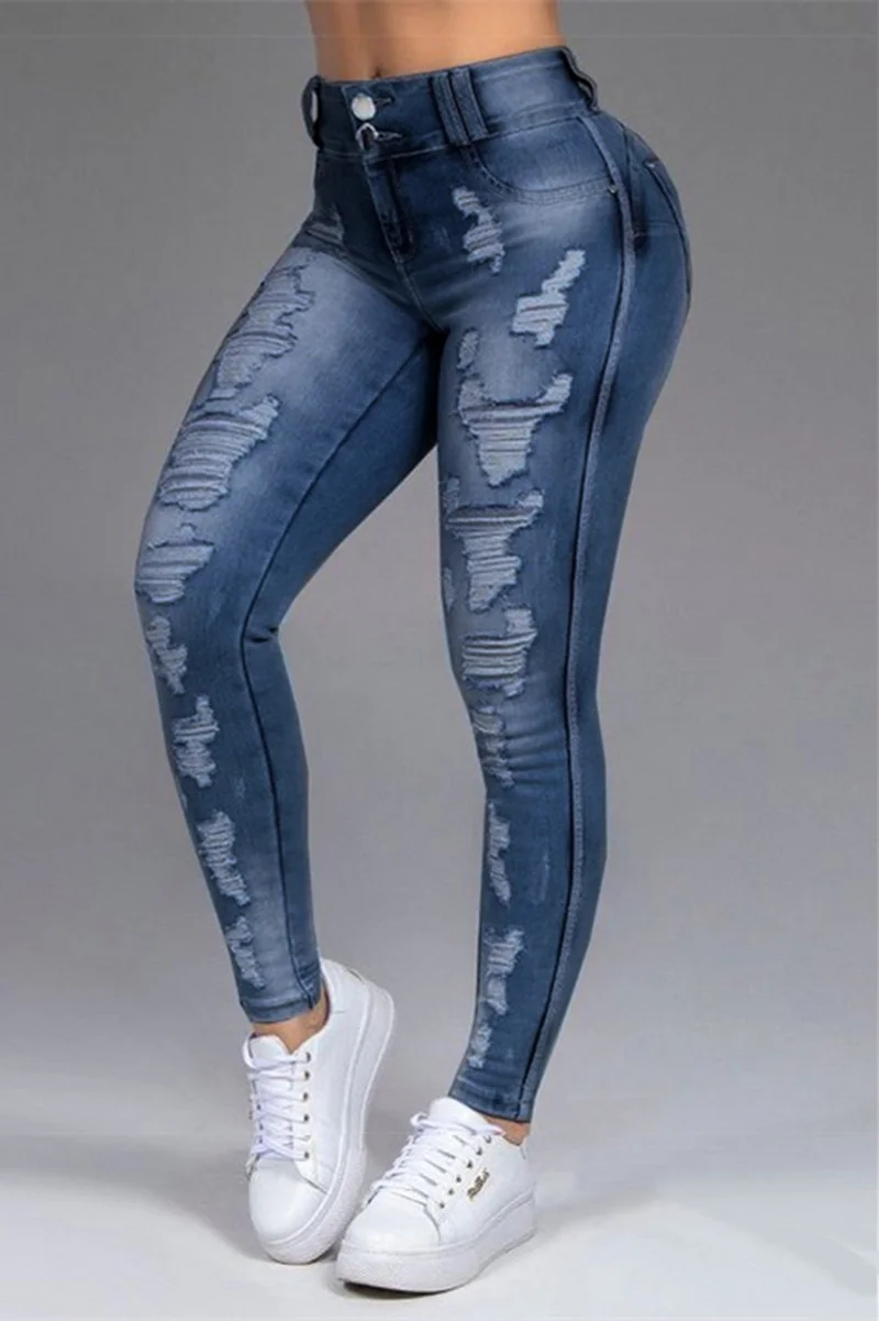 Dark Blue Fashion Casual Solid Ripped Mid Waist Skinny Jeans | EGEMISS