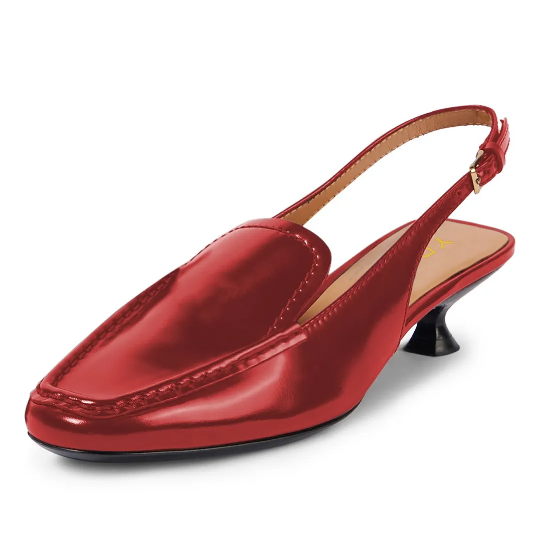 YDN Red Square Toe Spool Heel Slip-On Loafer Slingback Shoes