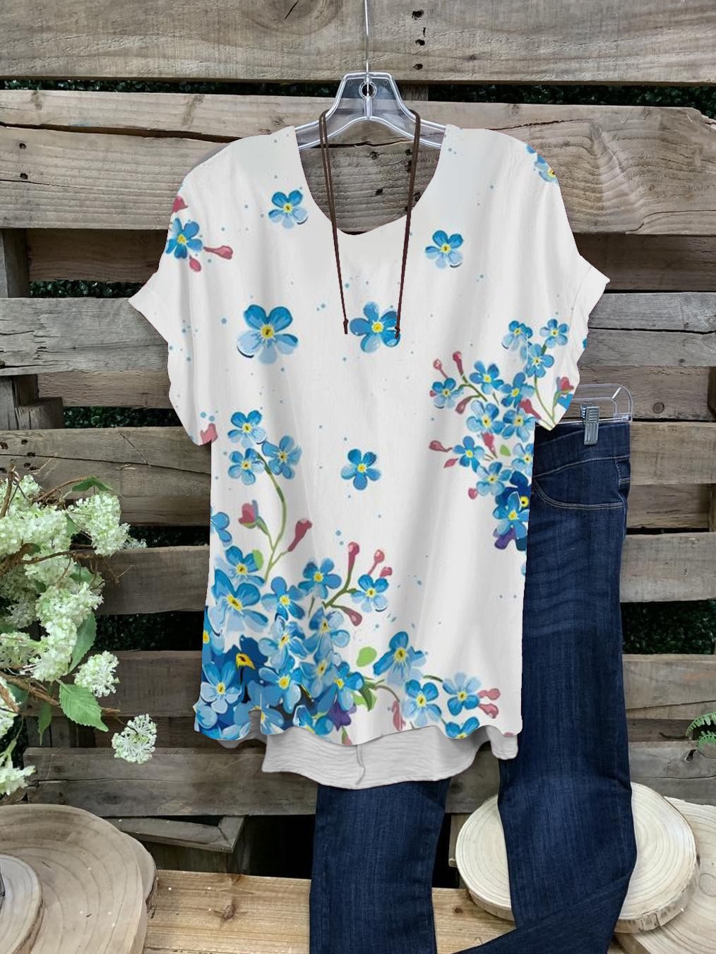 Women's White Blue Flower Print Short Sleeve