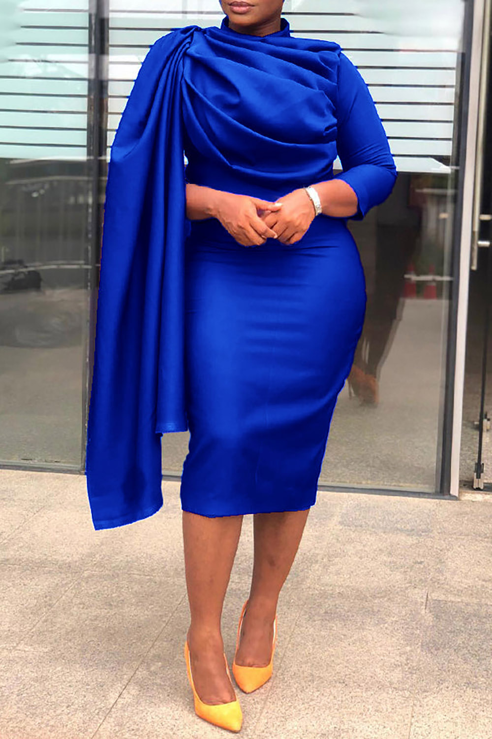 Plus Size Semi Formal Midi Dresses Elegant Royal Blue Fall Winter Mock Neck 3/4 Sleeve Satin Midi Dresses