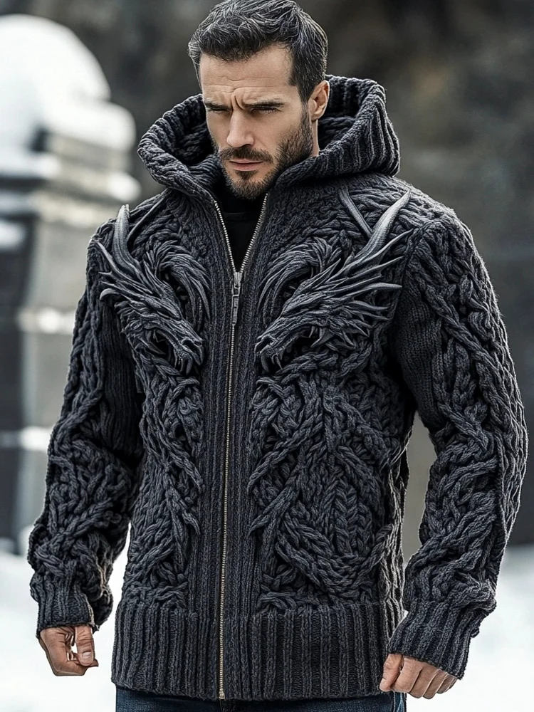 Viking Dragon Totem Men's Zipper Hooded Sweater