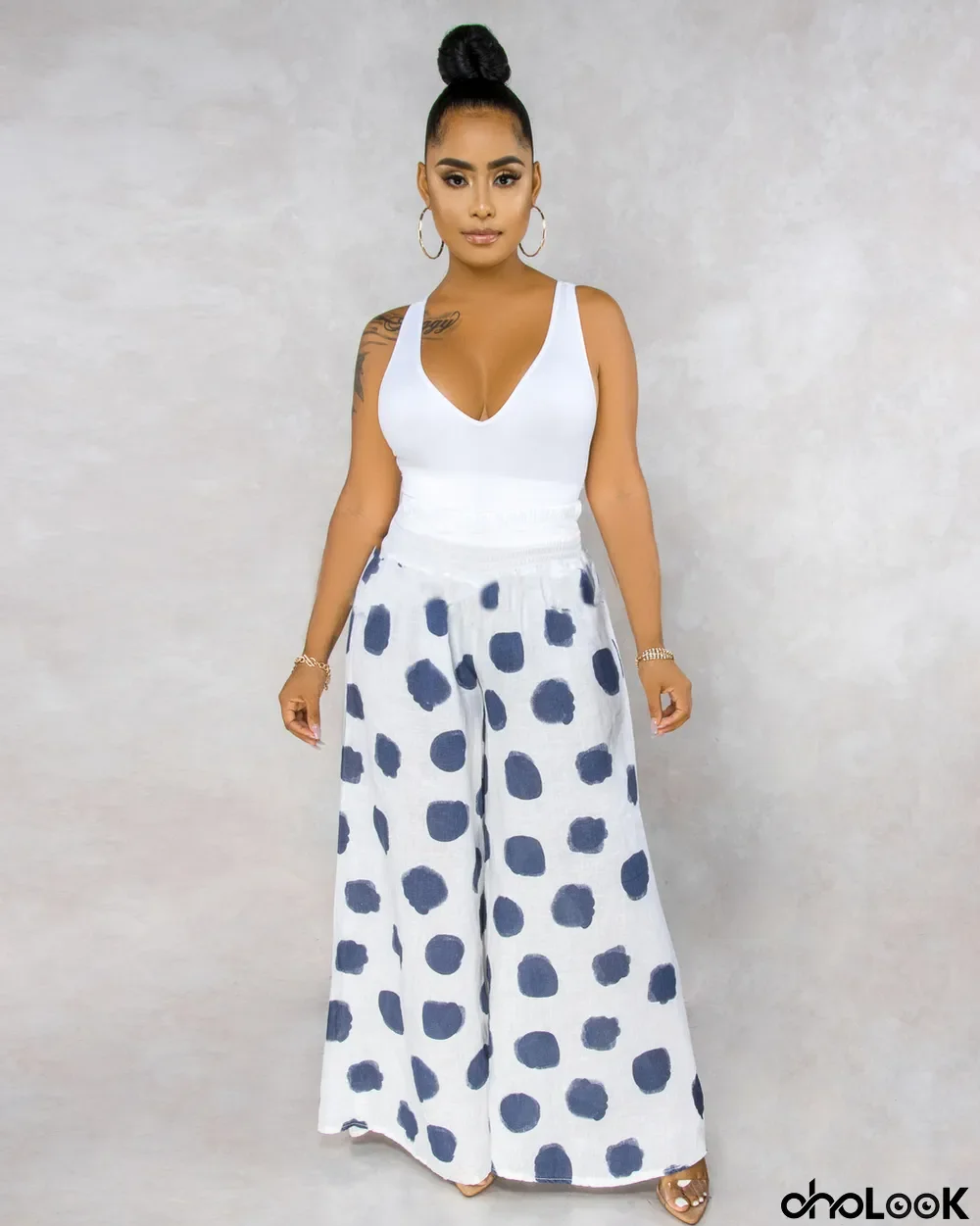 Casual Polka Dot Print Wide Leg Long Pants