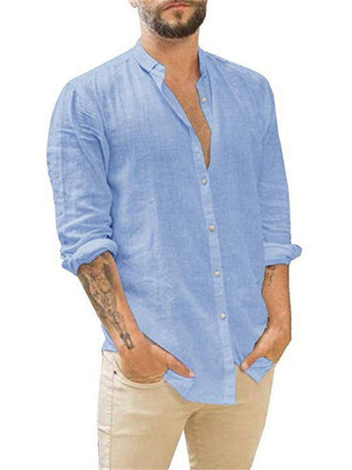 Men's New Linen Cardigan Solid Colour Casual Stand-up Collar Long-sleeved Shirt Plus Size Shirt
