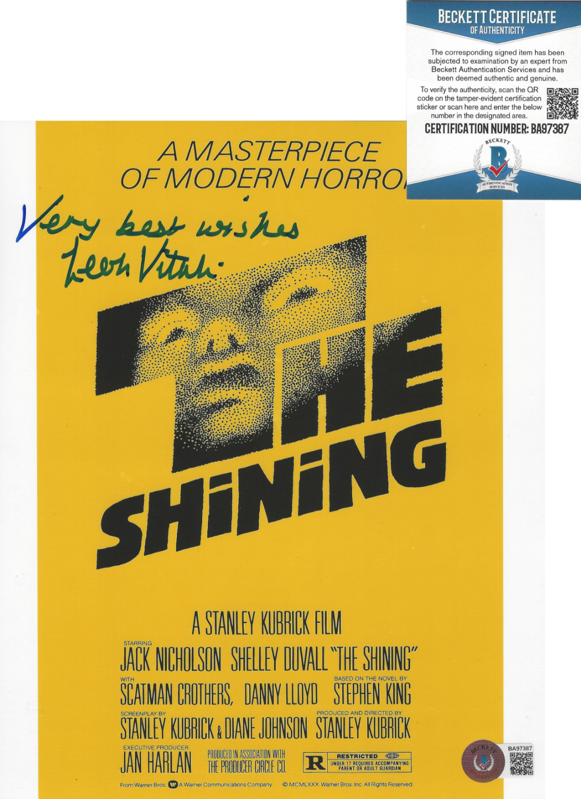 LEON VITALI SIGNED 'THE SHINING' 8x10 Photo Poster painting STANLEY KUBRICK BECKETT COA BAS