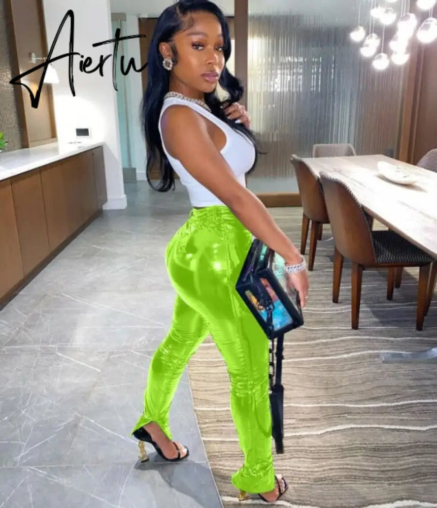 RT Casual Women PU Leather Pants Buttons Zippers Slit Long Legs Glossy Faux Leather Trousers Skinny High Street Outdoor Wears Aiertu