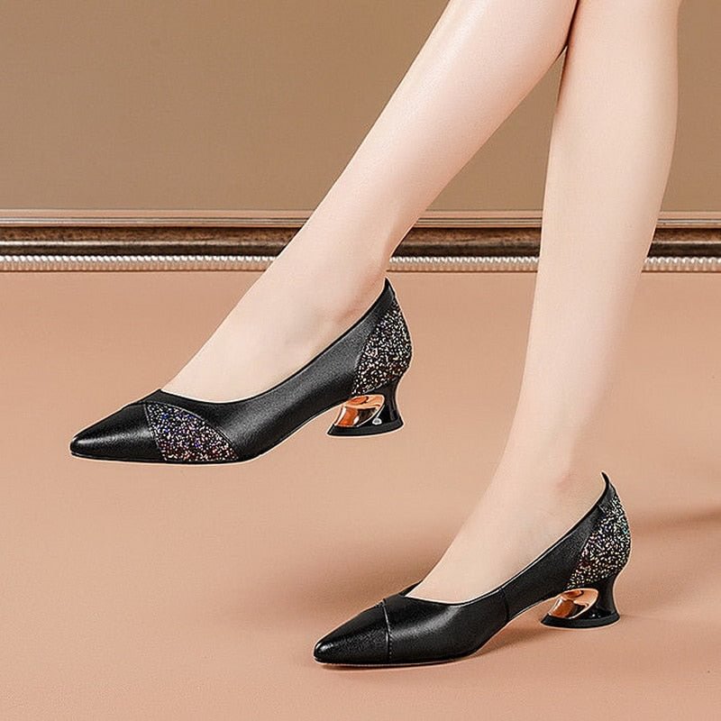 Thick Heel Single Shoes Women,Pointed toe,Office Lady Working Shoes,Shallow,French Style,Female Footware,Black,Gun Color