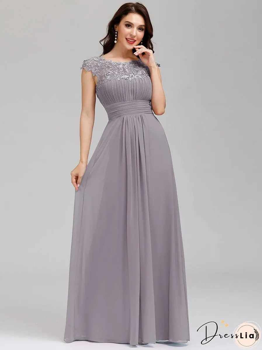 Elegant Lace Cap Sleeve Chiffon Evening Gown with Rhinestone-Embellished Neckline