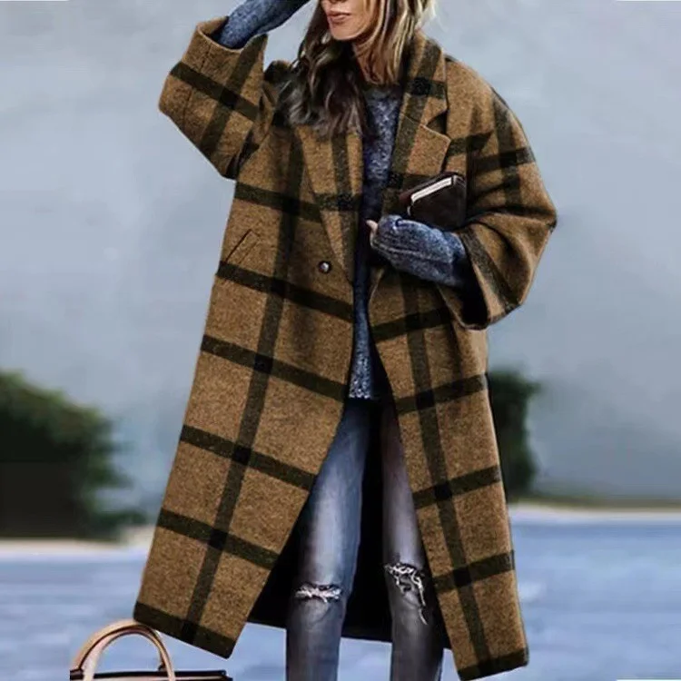 Brownm Brownm New 2025 Autumn Women's Long-Sleeved Collar Coat Prints The Long Coat