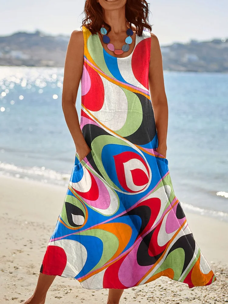 Womens Vintage Abstract Multicolor Irregular Art Print Pocket Pinafore Linen Dress