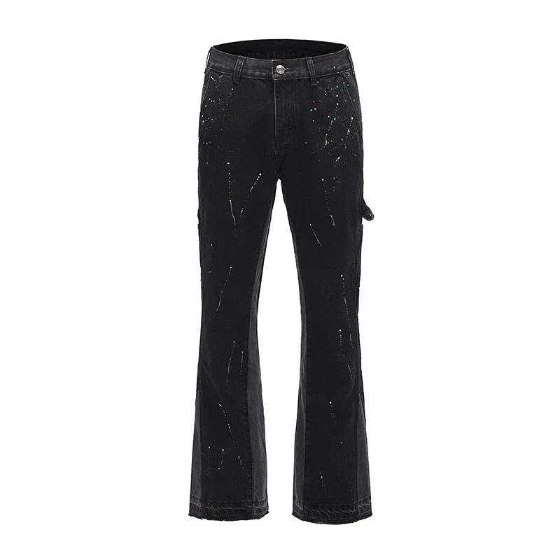 High Street Retro Spotted Ink Contrast Color Flared Jeans Pants Male Wide Leg Plus Size Patchwork Ripped Denim Trousers
