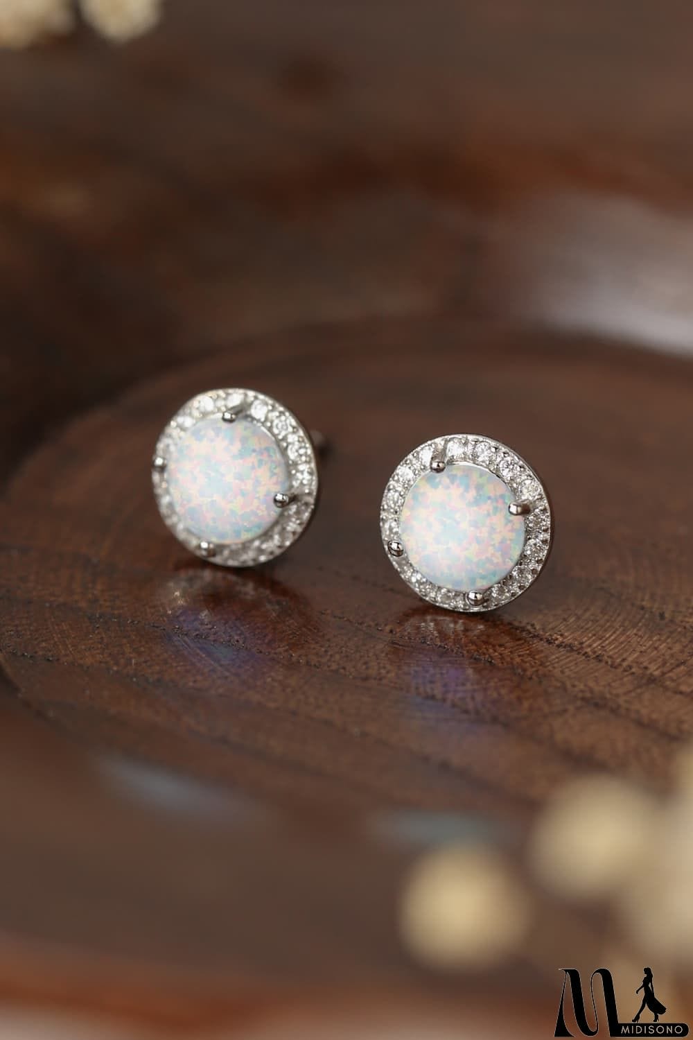 MidiSono - 925 Sterling Silver Platinum-Plated Opal Round Stud Earrings