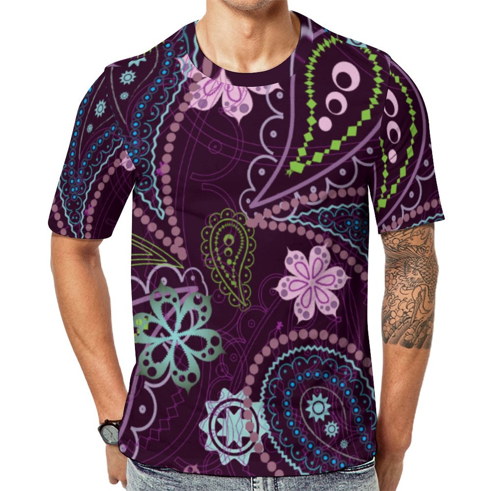 Purple Paisley Short Sleeve Print Unisex Tshirt Summer Casual Tees for Men and Women Coolcoshirts