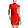 High Neck Wetlook Bodycon Mini Dress Women Short Sleeve Turtleneck Slim PVC Dress Ladies Full Zipper Dress Plus Size Clubwear