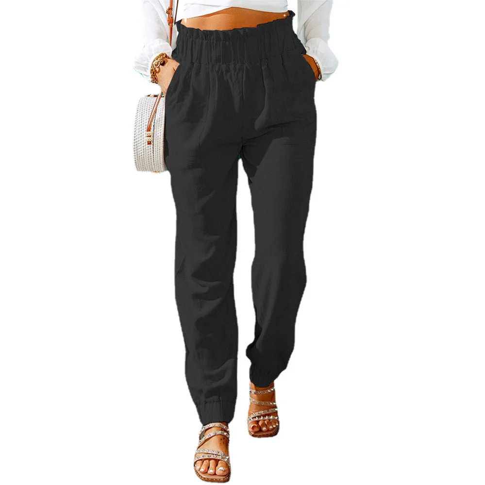 Women's Pants Pocket Solid Color Elastic Ruffle High Waist Loose Casual Pants