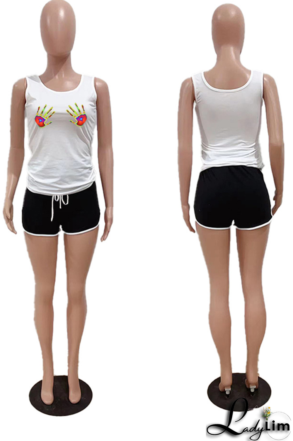 White Casual Print Patchwork U Neck Tops