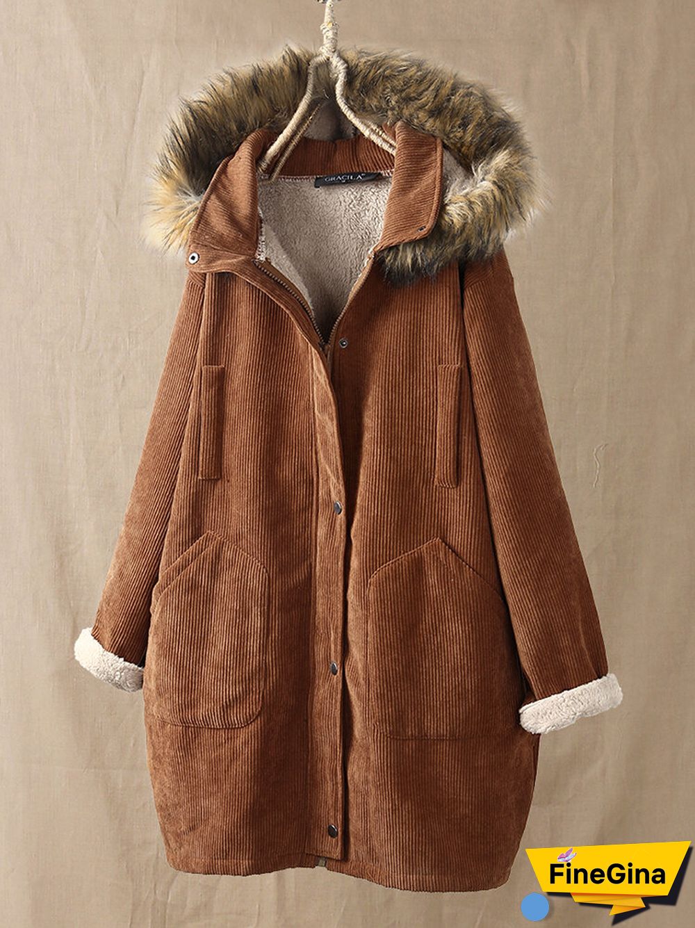 Corduroy Solid Color Plush Hooded Long Sleeve Coat