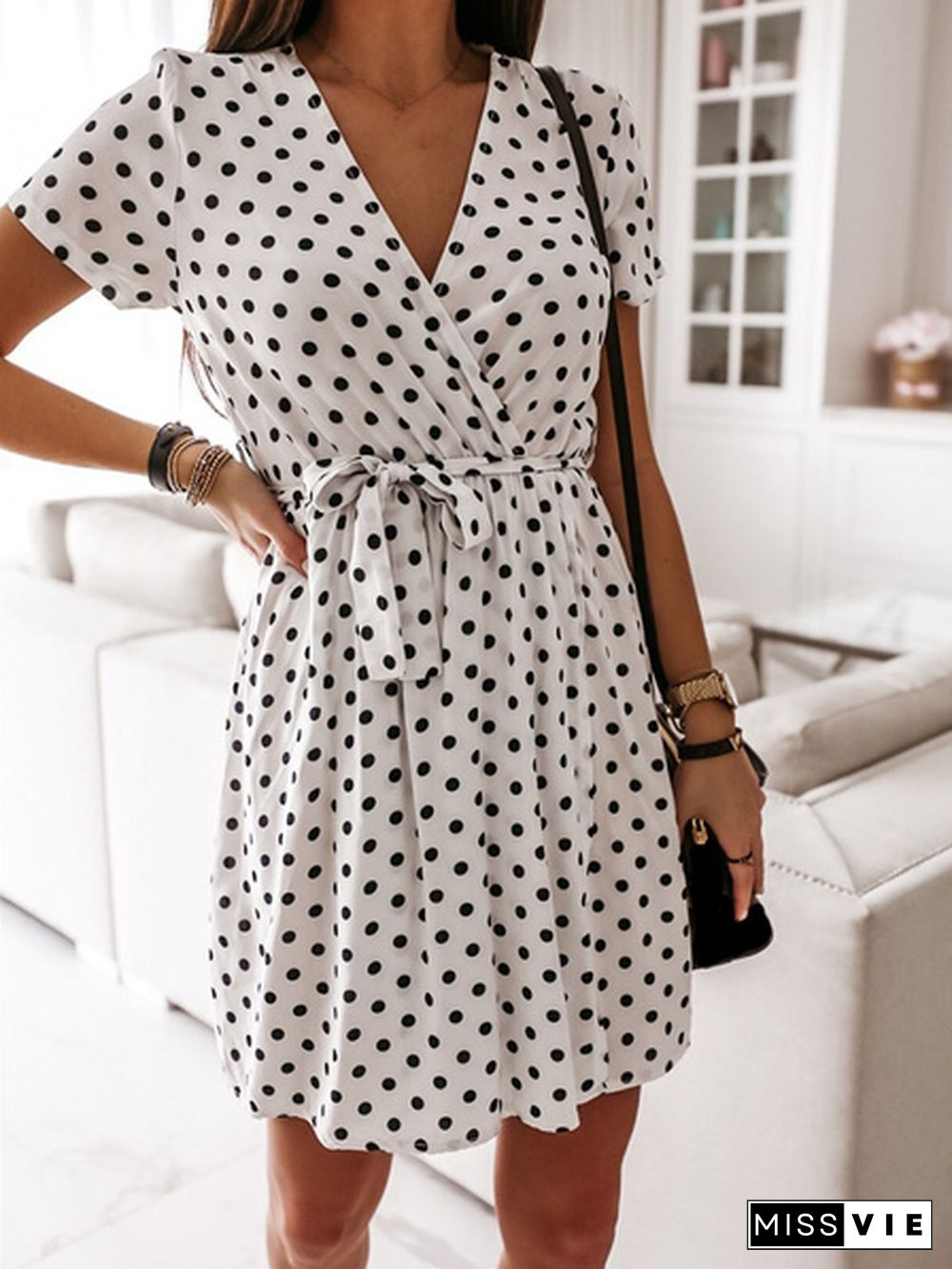 Summer V Neck Polka Dot Boho Dress Bohemian Women Beach Dress Fashion Short Sleeve Casual Mini Dress