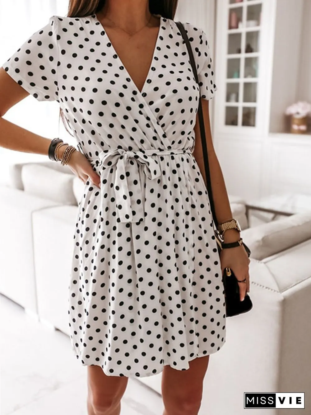 Summer V Neck Polka Dot Boho Dress Bohemian Women Beach Dress Fashion Short Sleeve Casual Mini Dress