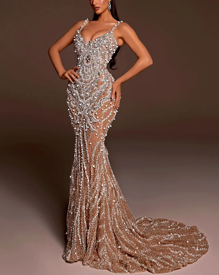 Luxurious Crystal Embellished Pearl Gown