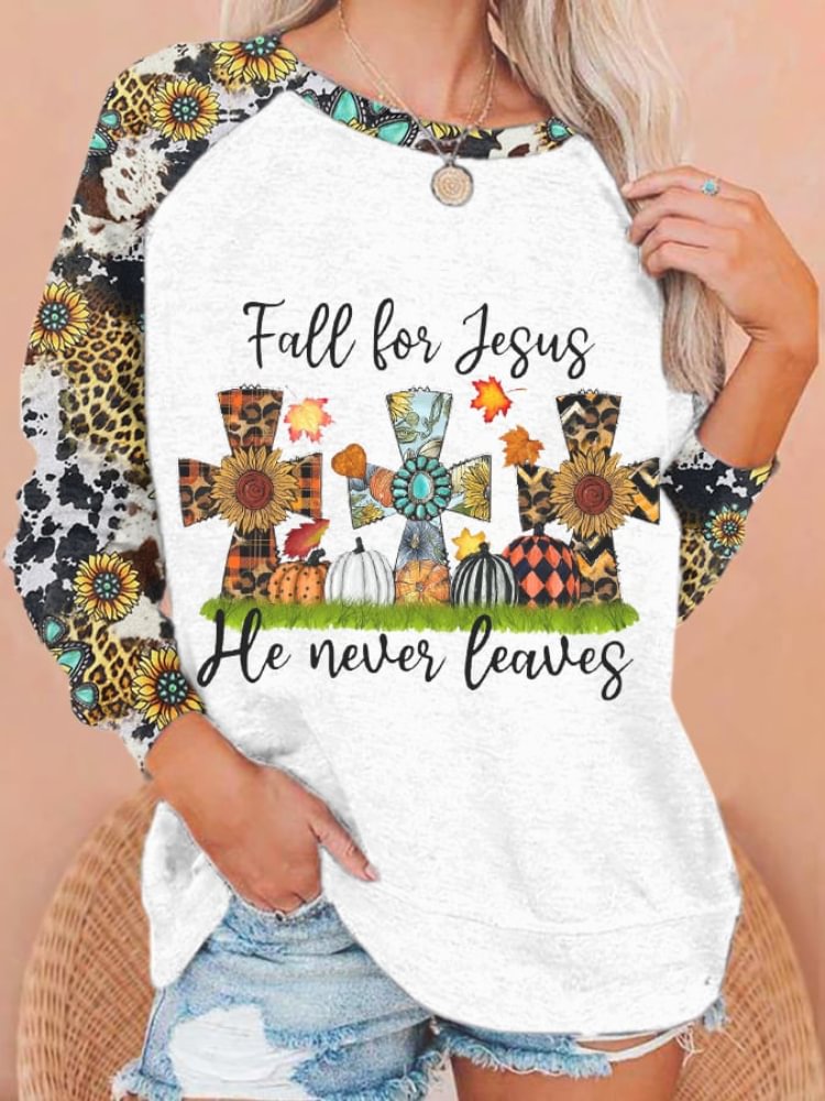 Vefave Fall For Jesus He Never Leaves Print Sweatshirt