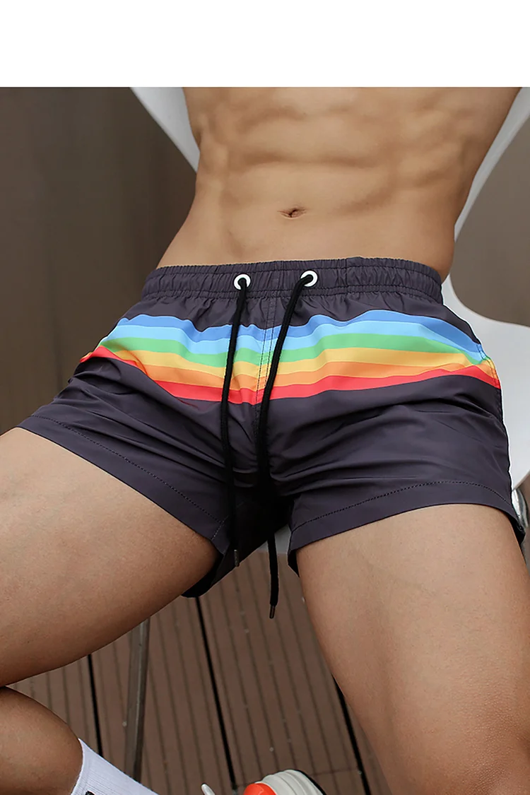 Ciciful Men's Rainbow Striped Print Elasticity Sports Three Point Casual Shorts