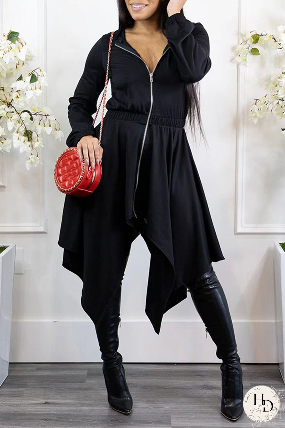 Black Casual Solid Split Joint Asymmetrical Zipper Hooded Collar Irregular Dress Dresses