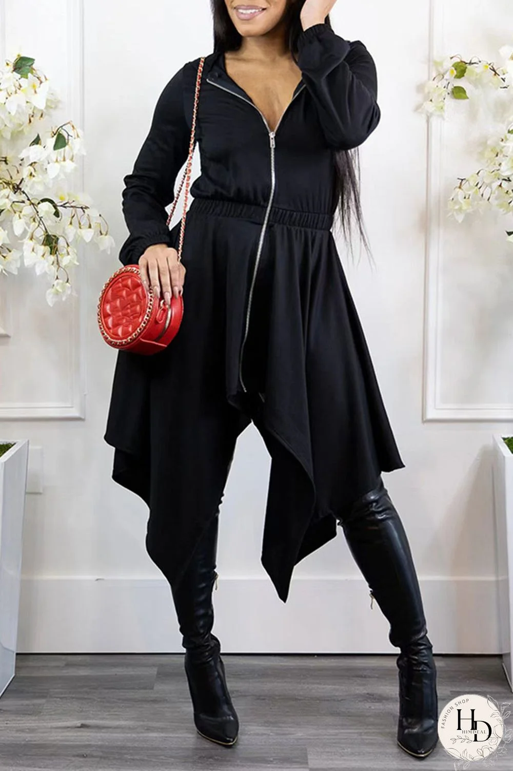 Black Casual Solid Split Joint Asymmetrical Zipper Hooded Collar Irregular Dress Dresses